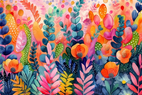 Colorful tropical theme gouache painting, bright watercolor illustration photo