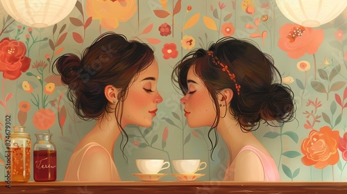 Embracing Love: Two Women Sharing a Tender Kiss in a Cozy CafÃ©
