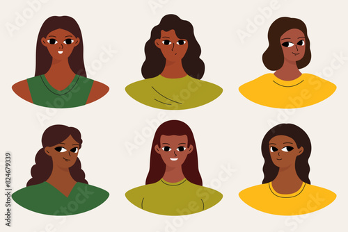 Set of user profiles. Smiling black woman avatar collection. Chat icons, different faces. Isolated flat illustrations bundle.