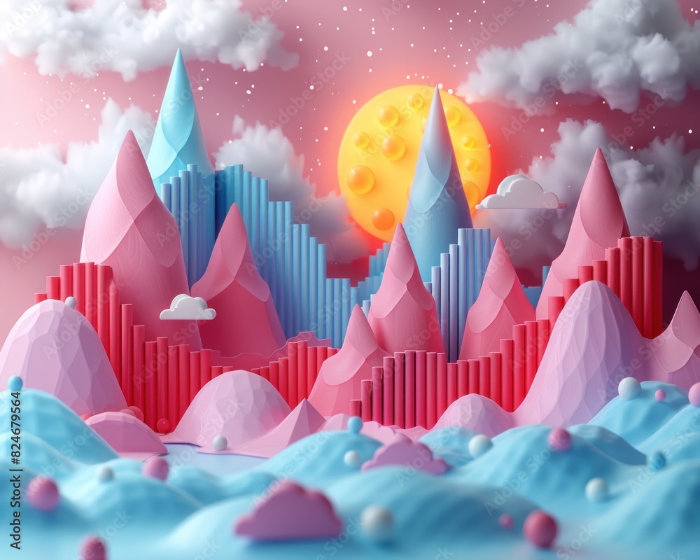 Obraz premium Geometric Analytics Cartoonish 3D Charts in Dreamy Landscape
