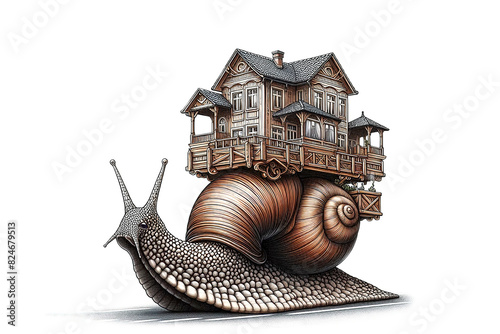 A snail carrying a wooden house. Isolated on a white background photo