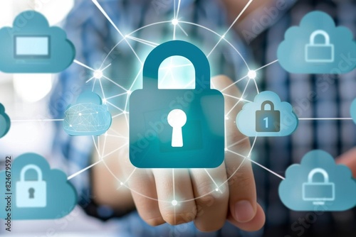 Comprehensive cloud computing with padlock and diverse devices, illustrating secure data connections and advanced cybersecurity measures in a vibrant digital ecosystem