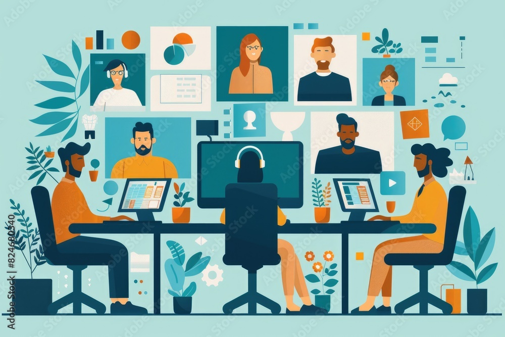 Multi person video conference, illustration Multi person video conference, illustration
