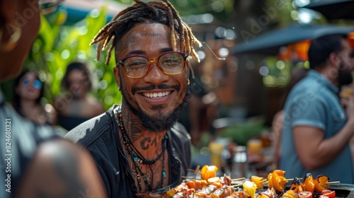 Celebrating Diversity: LGBTQ+ Friends Enjoying a Festive Barbecue in a Suburban Backyard