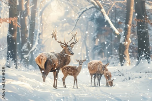 A herd of deer standing on top of a snow covered forest. Perfect for winter themes