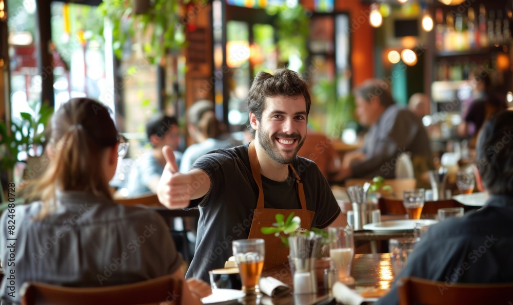 Customer Giving Thumbs-Up to Waiter in Restaurant
Customer Giving Thumbs-Up to Waiter in Restaurant