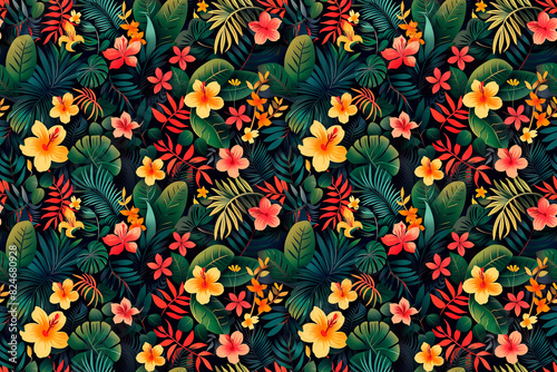 Vibrant tropical pattern with colorful flowers and lush green leaves on a dark background. Ideal for seamless decoration and exotic design projects.