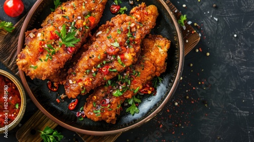 Tasty Spicy Fried Catfish Meat with Balado Sauce Top View of Food Menu photo