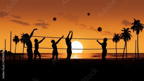 Friends silhouettes playing beach volley photo