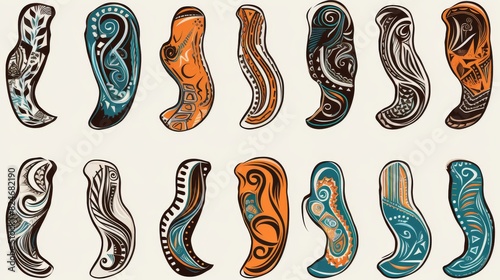 Footprints of boots and foot doodle set. Collection of hand drawn barefoot and boots footprints in rows with various patterns isolated on transparent background photo