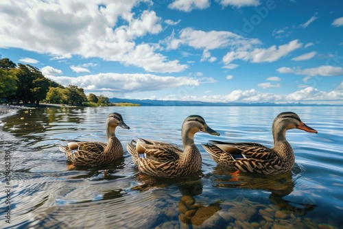 A group of ducks peacefully floating on a serene lake. Ideal for nature-themed designs