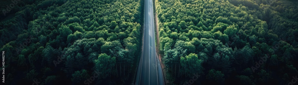 Fototapeta premium Aerial view of a straight road cutting through lush green forest, symbolizing journey, isolation, and natural beauty.