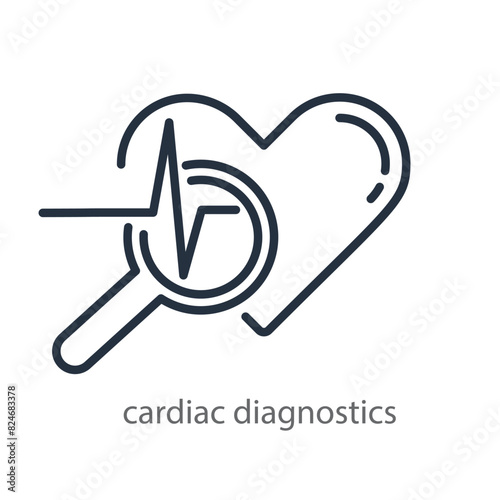 Heart, magnifying glass, and cardiogram are the symbol for cardiac diagnosis. Logo of a cardiology clinic. Vector icon isolated on white background