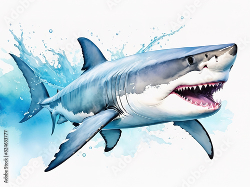 Mighty shark  predator gets water  sea creature  watercolor