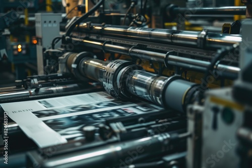 A machine in the process of printing a magazine. Ideal for printing industry concepts
