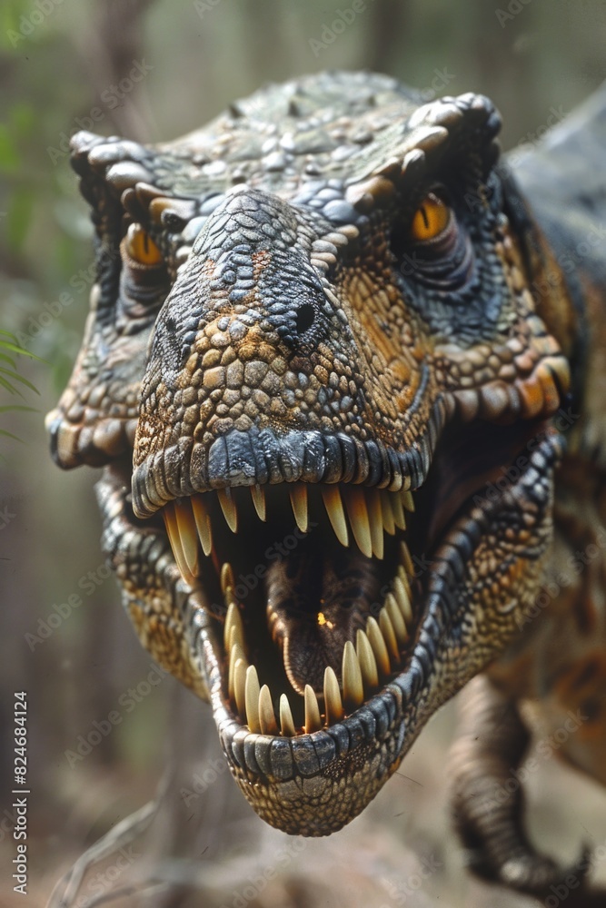 Obraz premium Detailed close-up of a dinosaur with its mouth wide open. Suitable for educational purposes or dinosaur-themed designs