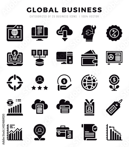 Global Business icons Pack. Glyph icons set. Global Business collection set.
