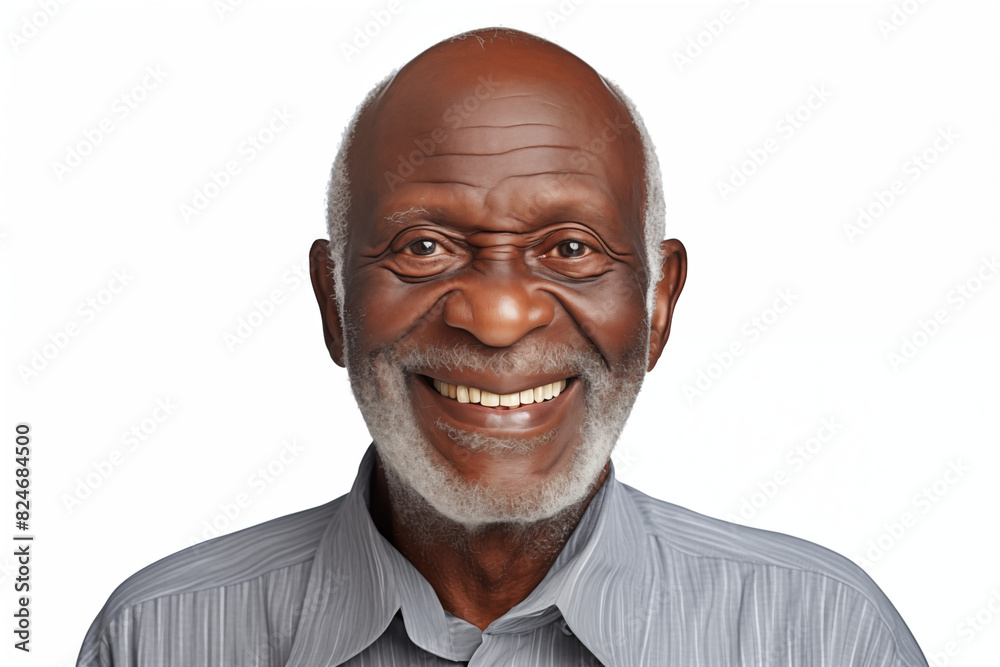 Smiling senior black man on white background. Topics related to old age. afro american. Africa. Retirement home. Retirement. Image for Graphic Designer. Senior residence. AI.