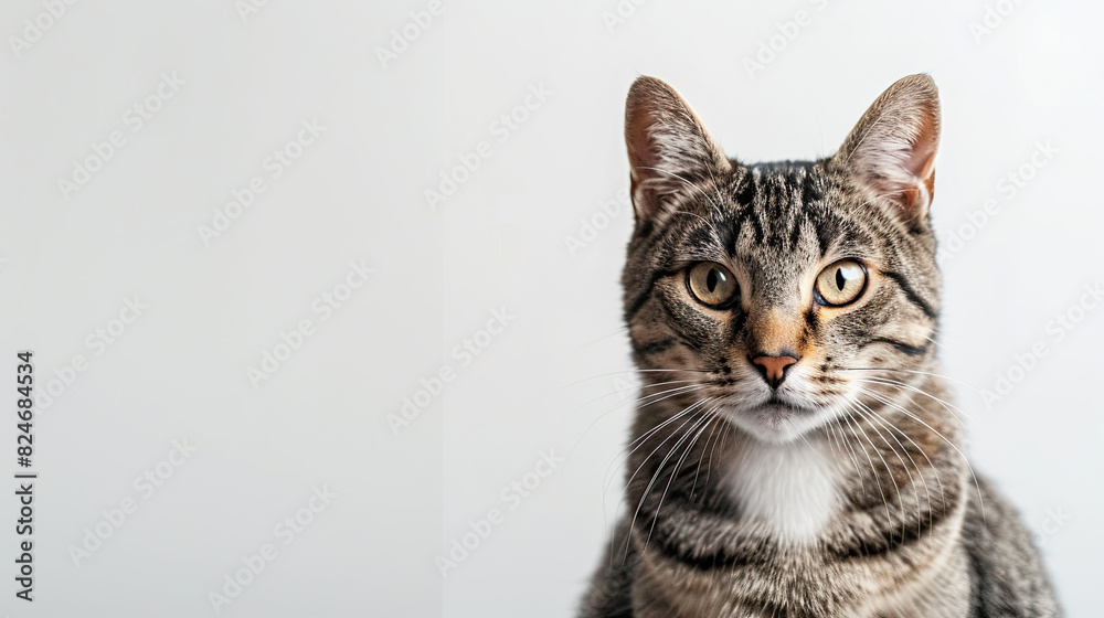Portrait of a sitting tabby cat looking forward against a white backdground Portrait of a sitting tabby cat looking forward against a white backdground