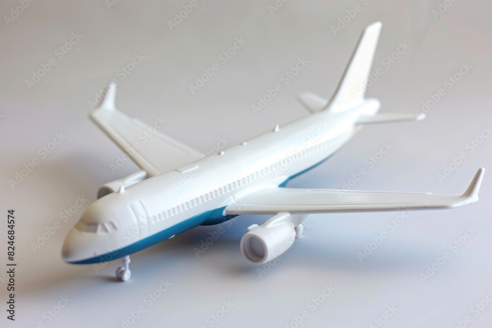A model of an airplane on a plain white background. Suitable for travel or aviation concepts A model of an airplane on a plain white background. Suitable for travel or aviation concepts
