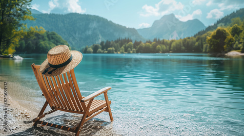 Wooden lounge chair next to a tranquil blue lake surrounded by lush green forested mountains on a sunny day  embodying peaceful solitude.