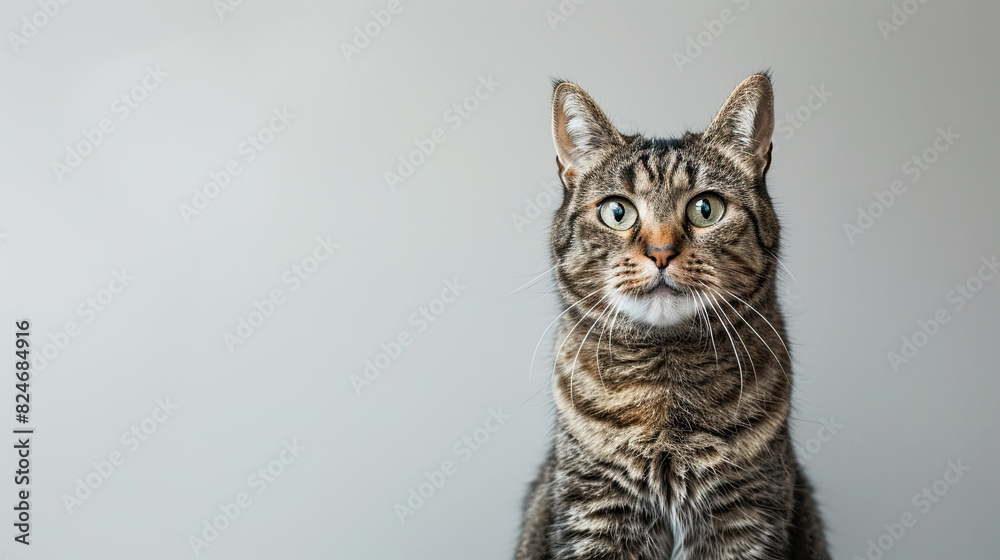 Portrait of a sitting tabby cat looking forward against a white backdground Portrait of a sitting tabby cat looking forward against a white backdground