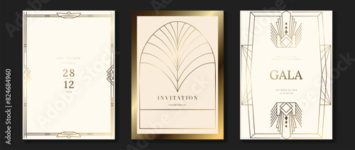 Luxury invitation card background vector. Golden elegant geometric shape, gold lines gradient on light background. Premium design illustration for gala, grand opening, party invitation, wedding.