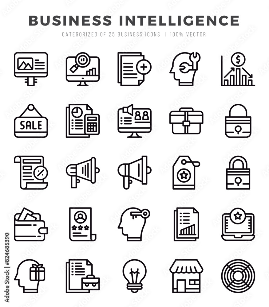 Business Intelligence icons Pack. Lineal icons set. Business Intelligence collection set. Business Intelligence icons Pack. Lineal icons set. Business Intelligence collection set.