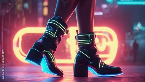 Ankle boots featuring neon details twirling beneath vibrant lights photo