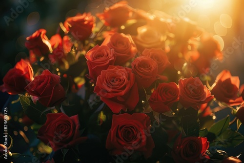 Beautiful bouquet of red roses with the sun shining in the background. Perfect for romantic occasions or nature-themed projects