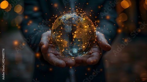 A person is holding a globe with a glowing light around it. Concept of wonder and curiosity about the world and the universe #824685776