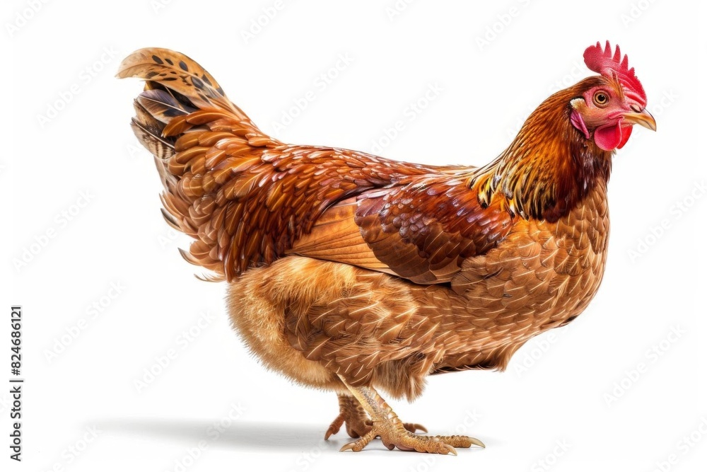 Fototapeta premium Brown hen standing on a white background, displaying full plumage