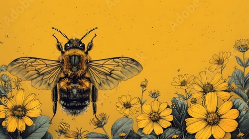 vintage background with bumble bee and yellow flowers