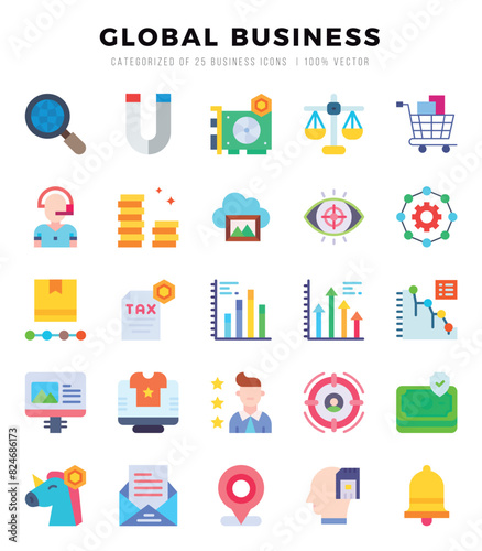 Global Business Icons bundle. Flat style Icons. Vector illustration.
