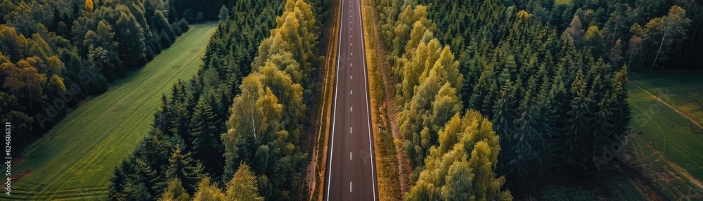Aerial view of a scenic road cutting through a dense forest with autumn colors, capturing the beauty of nature and tranquility.