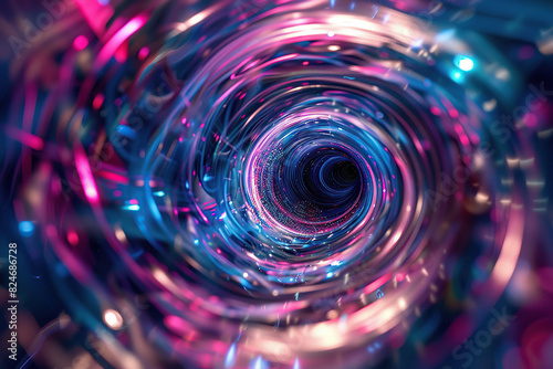 3d illustration of a wired colourful glowing tunnel with shiny blue and pink lights