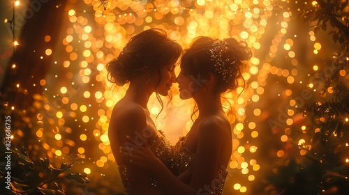 Enchanting Moment: Two Women Dancing in the Garden Amidst Twinkling Fairy Lights