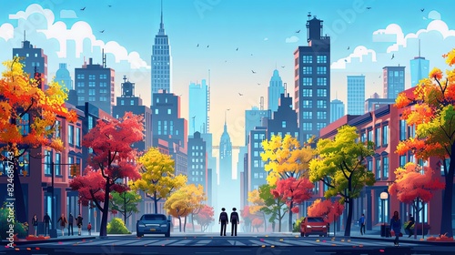 Urban lifestyle scene. Man and women in casual clothes walk in modern city. Colorful buildings and skyscrapers. Pedestrian and citizens in sunny day. Cartoon flat vector illustration photo