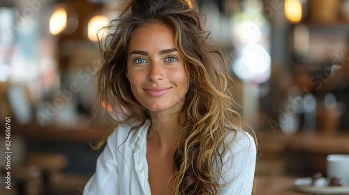 Smiling Woman with Long Hair in Cozy Cafe Setting