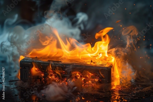 A box engulfed in flames with smoke billowing out. Ideal for illustrating fire hazards