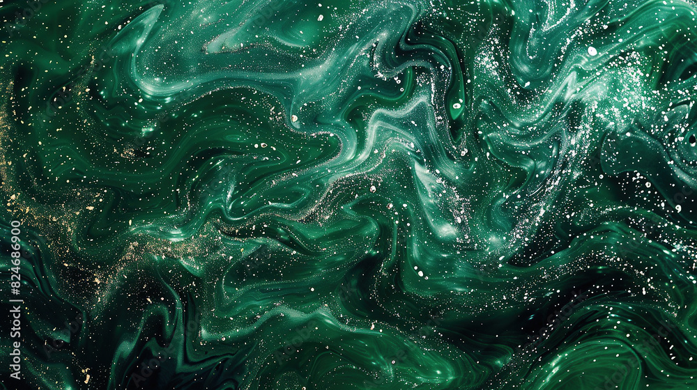 close up abstract horizontal illustration of a dark green glowing glittery fluid background close up abstract horizontal illustration of a dark green glowing glittery fluid background