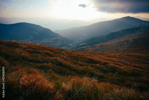 Amazing sunset in Ukrainian Carpathian mountains , Chornigysrsyi hrebet range