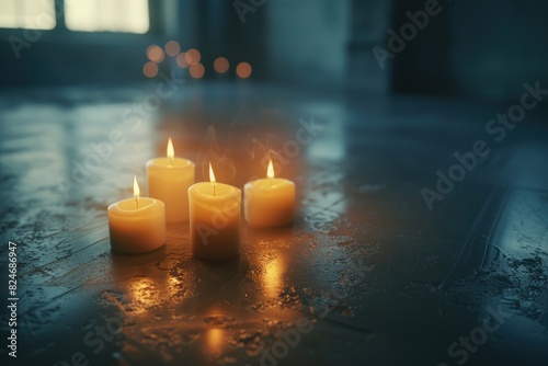 Group of lit candles on a table, suitable for home decor concepts