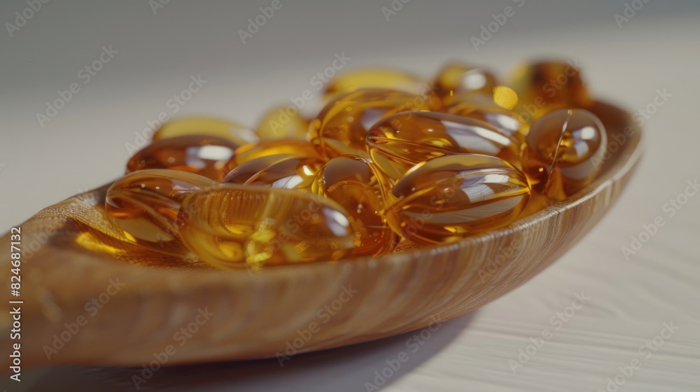 A wooden spoon filled with fish oil, ideal for health and wellness concepts A wooden spoon filled with fish oil, ideal for health and wellness concepts