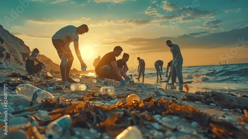 A group of volunteer cleans up garbage on the sand beach