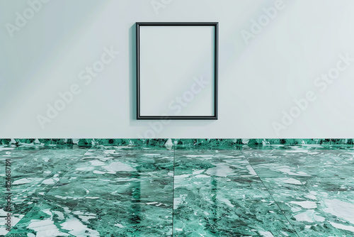 Minimalist gallery space featuring a 3D empty frame on a striking Verde Saint Denis marble floor. photo