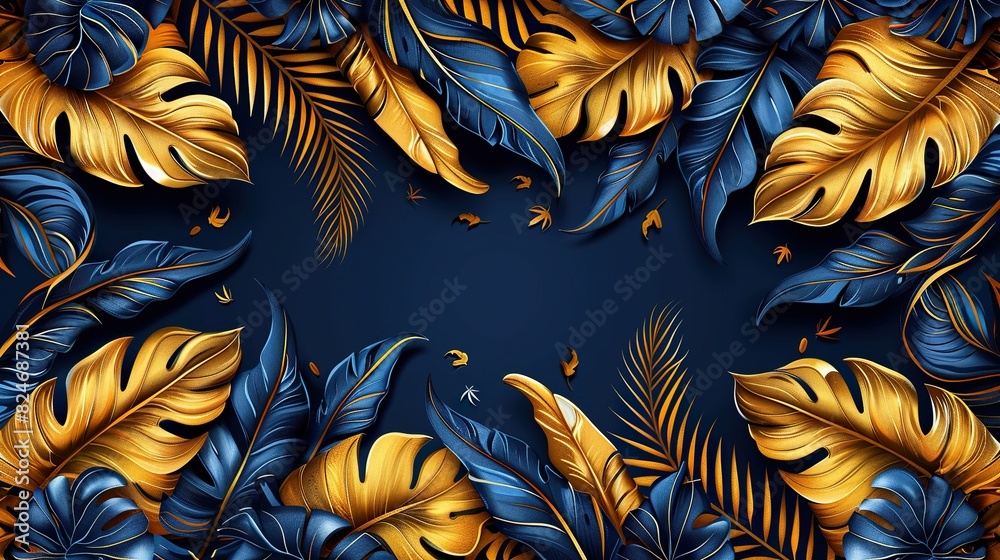Vibrant Blue And Gold Tropical Leaves Background Vibrant Blue And Gold Tropical Leaves Background