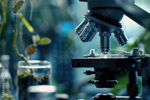 Close-up of a microscope with a plant in the background. Suitable for scientific and educational purposes