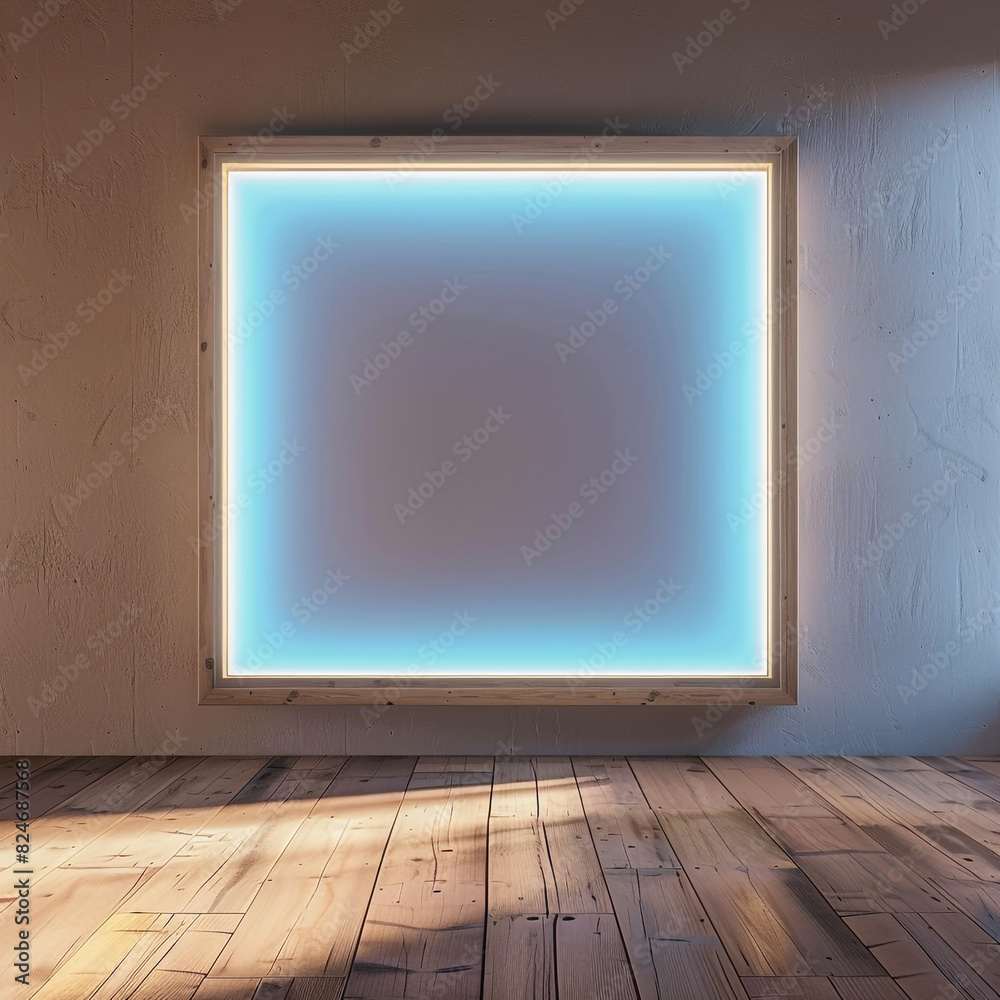 Modern wooden frame with a cerulean light border in an empty room with a wooden floor. Modern wooden frame with a cerulean light border in an empty room with a wooden floor.