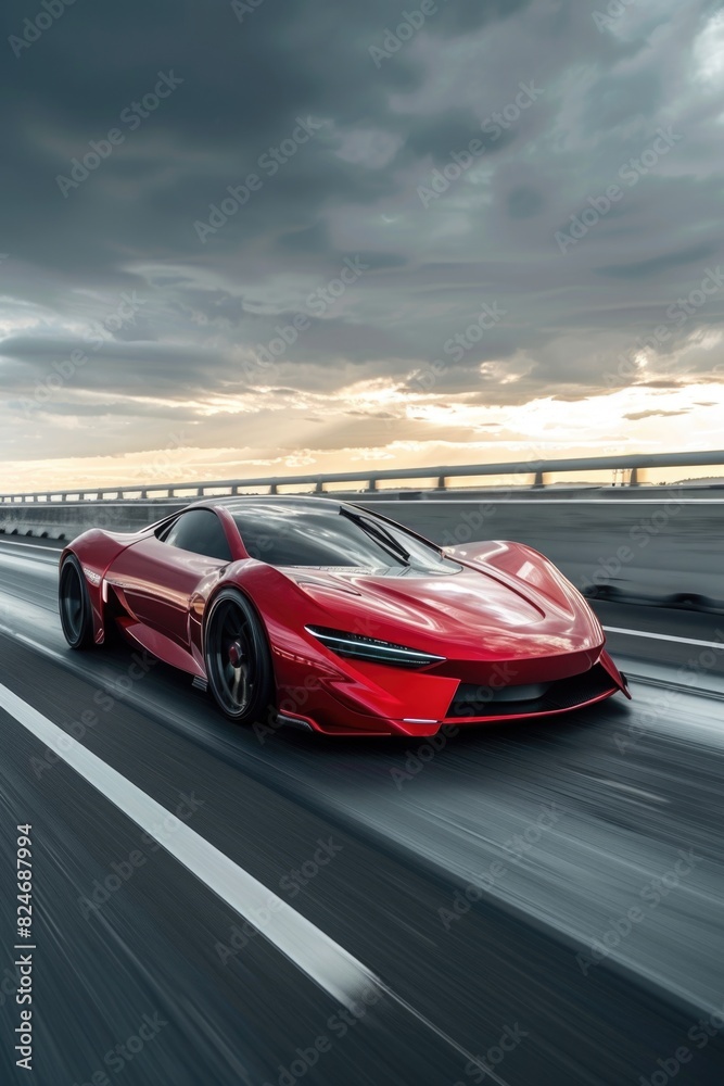 A red sports car speeding down a highway. Perfect for automotive or travel concepts A red sports car speeding down a highway. Perfect for automotive or travel concepts